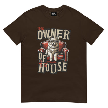 Unisex dog graphic t-shirt with “Owner of the House” design, short sleeve cotton tee by LostLogicCo Canada