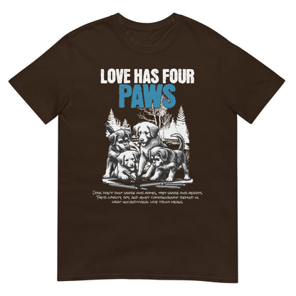 Unisex t-shirt with “Love Has Four Paws” typography and illustrated puppies, cotton pet lover tee by LostLogicCo Canada