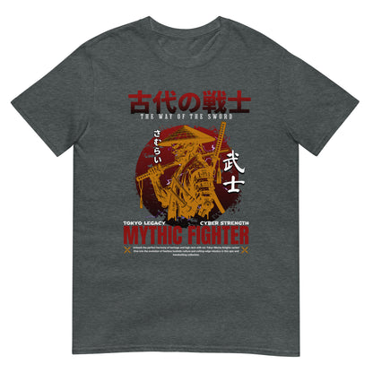 Unisex graphic t-shirt with “Mythic Fighter Samurai” Japanese warrior design, cotton short sleeve tee by LostLogicCo Canada