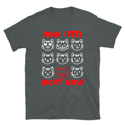 Unisex t-shirt with nine expressive cat faces and “How I Feel Right Now” text, funny mood graphic tee by LostLogicCo Canada