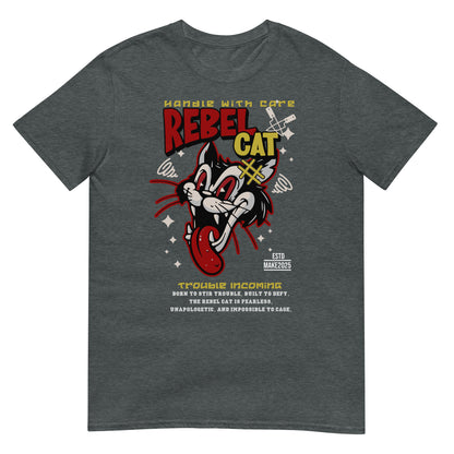 Unisex t-shirt with bold cartoon cat design and “Rebel Cat” text, edgy streetwear graphic tee by LostLogicCo Canada