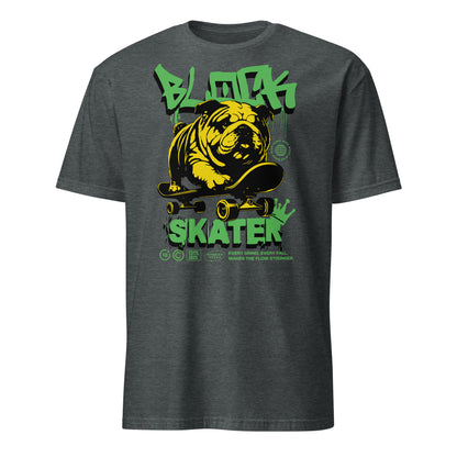 Unisex streetwear t-shirt with bold “BLOCK SKATER” graffiti design featuring bulldog on skateboard, cotton short sleeve tee by LostLogicCo Canada