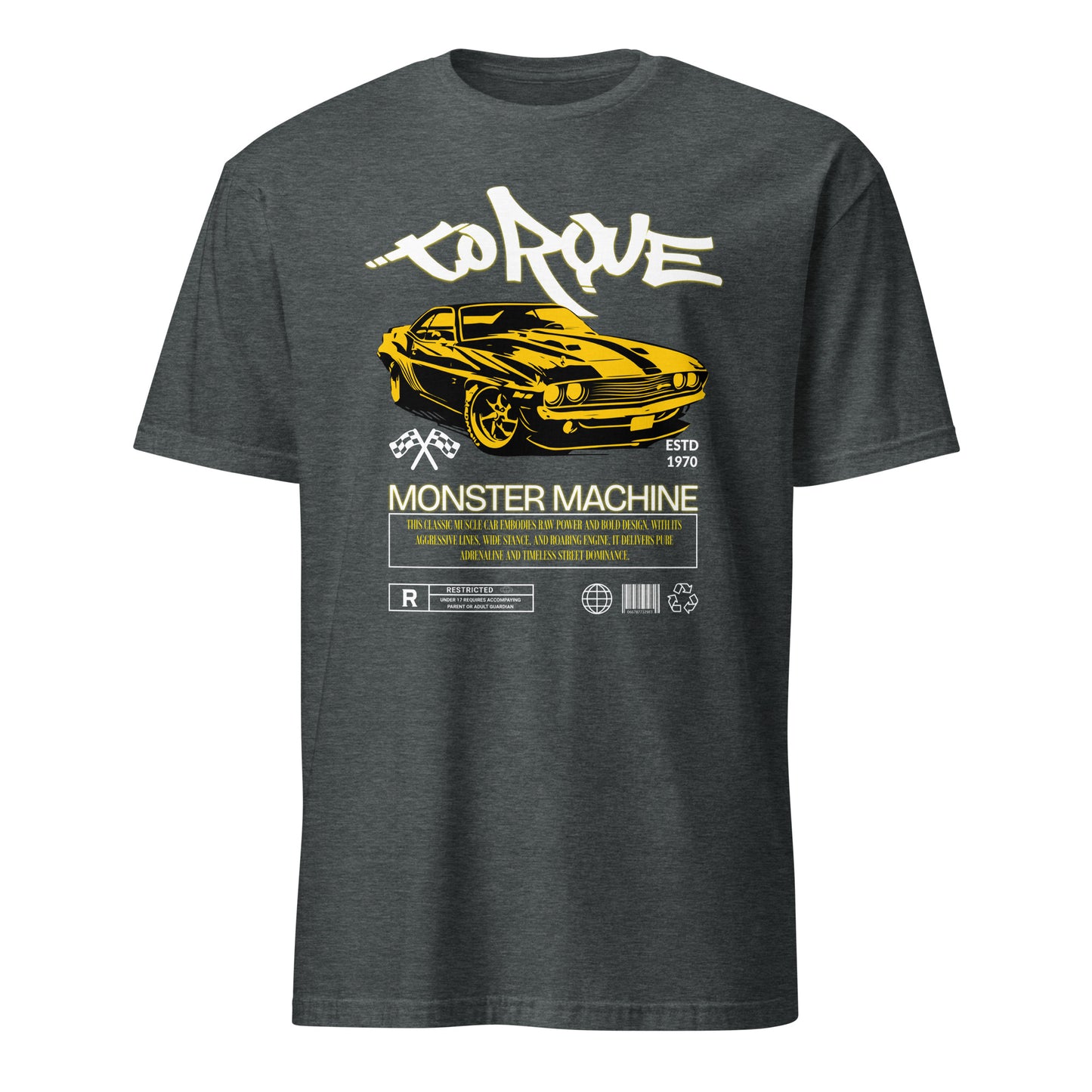 Unisex t-shirt with “Torque Monster Machine” yellow muscle car design and vintage typography, cotton short sleeve tee by LostLogicCo Canada
