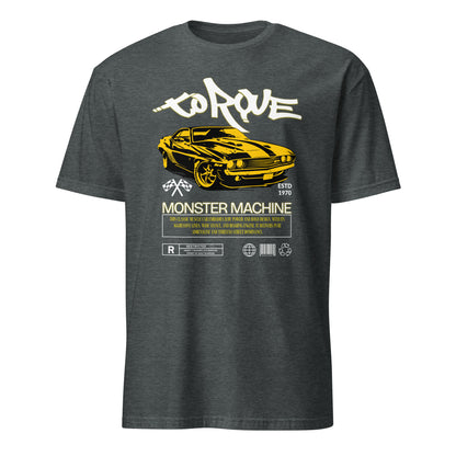 Unisex t-shirt with “Torque Monster Machine” yellow muscle car design and vintage typography, cotton short sleeve tee by LostLogicCo Canada