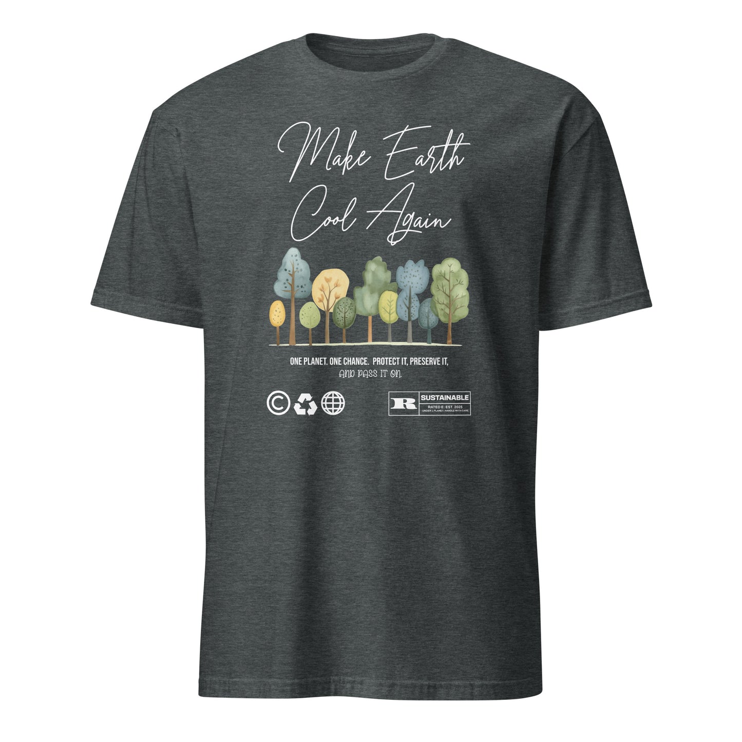 Unisex t-shirt with “Make Earth Cool Again” typography and pastel tree illustration, eco-awareness cotton tee by LostLogicCo Canada