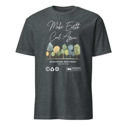 Unisex t-shirt with “Make Earth Cool Again” typography and pastel tree illustration, eco-awareness cotton tee by LostLogicCo Canada