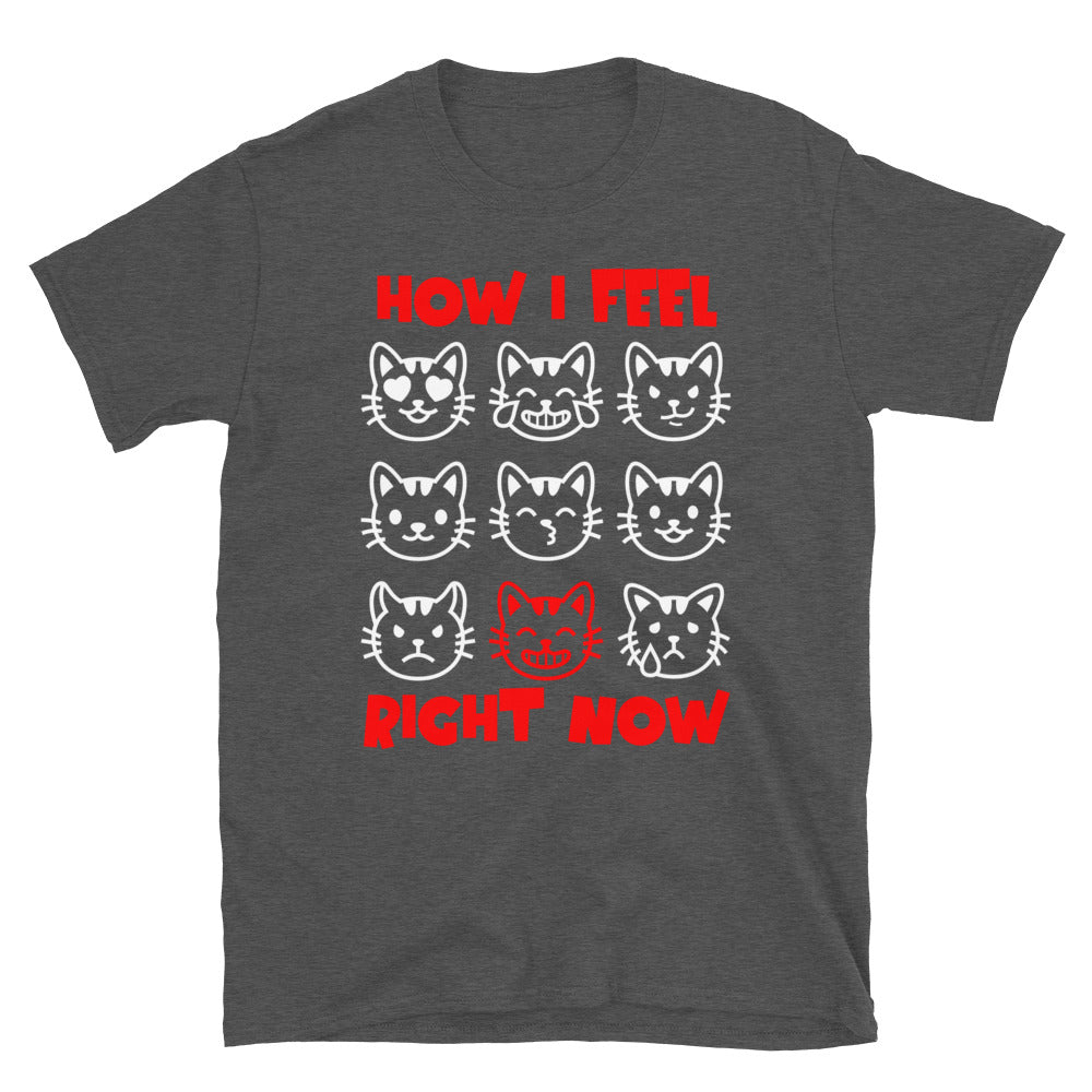 Unisex t-shirt with nine expressive cat faces and “How I Feel Right Now” text, funny mood graphic tee by LostLogicCo Canada
