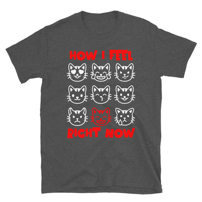 Unisex t-shirt with nine expressive cat faces and “How I Feel Right Now” text, funny mood graphic tee by LostLogicCo Canada