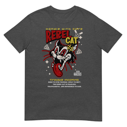 Unisex t-shirt with bold cartoon cat design and “Rebel Cat” text, edgy streetwear graphic tee by LostLogicCo Canada