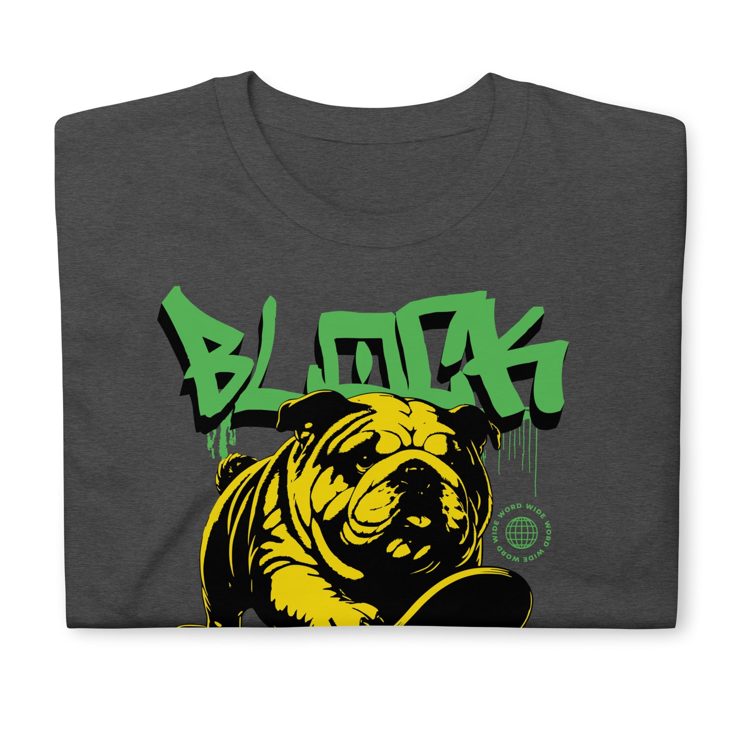 Unisex streetwear t-shirt with bold “BLOCK SKATER” graffiti design featuring bulldog on skateboard, cotton short sleeve tee by LostLogicCo Canada