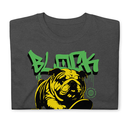 Unisex streetwear t-shirt with bold “BLOCK SKATER” graffiti design featuring bulldog on skateboard, cotton short sleeve tee by LostLogicCo Canada