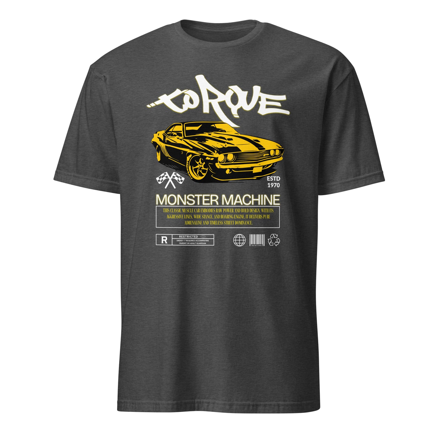 Unisex t-shirt with “Torque Monster Machine” yellow muscle car design and vintage typography, cotton short sleeve tee by LostLogicCo Canada
