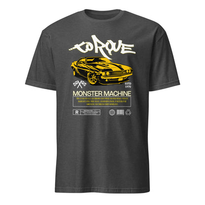 Unisex t-shirt with “Torque Monster Machine” yellow muscle car design and vintage typography, cotton short sleeve tee by LostLogicCo Canada