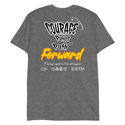 Unisex t-shirt with back print design “Courage Paves the Path Forward” in white and yellow text, motivational cotton tee by LostLogicCo Canada