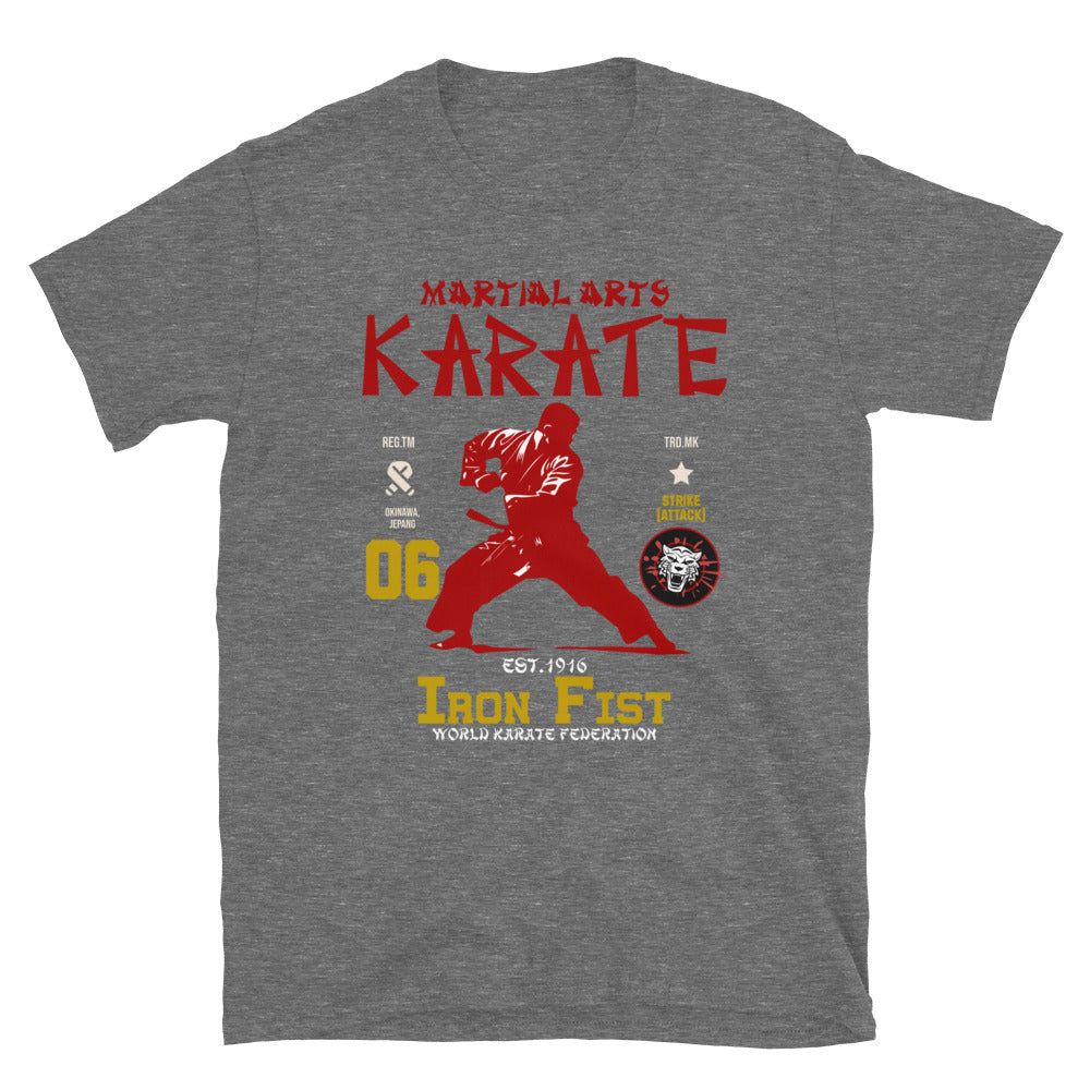 Unisex martial arts t-shirt with “Iron Fist Karate” graphic design, soft cotton short sleeve tee by LostLogicCo Canada