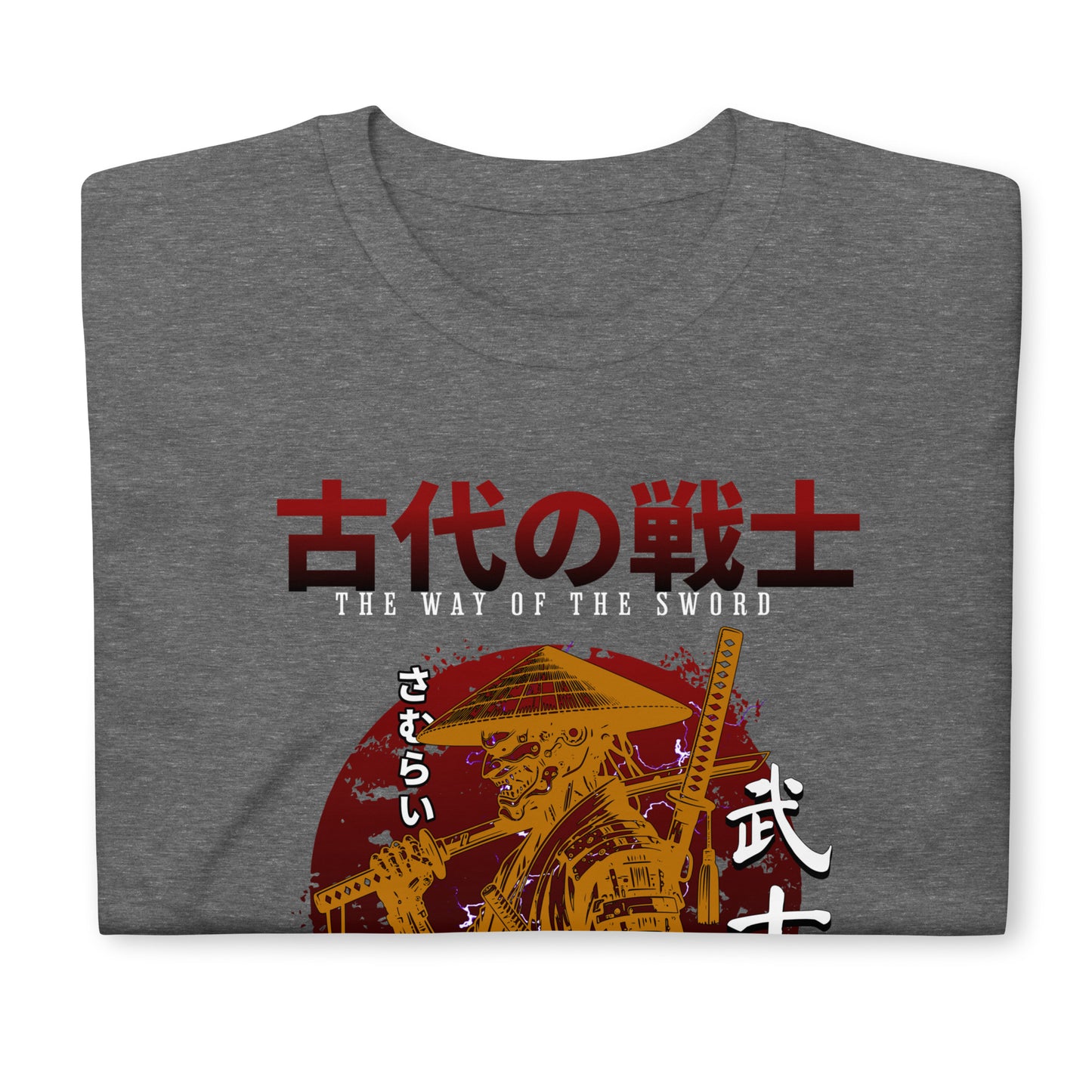 Unisex graphic t-shirt with “Mythic Fighter Samurai” Japanese warrior design, cotton short sleeve tee by LostLogicCo Canada