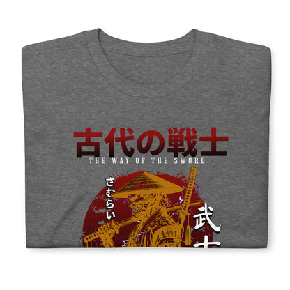 Unisex graphic t-shirt with “Mythic Fighter Samurai” Japanese warrior design, cotton short sleeve tee by LostLogicCo Canada