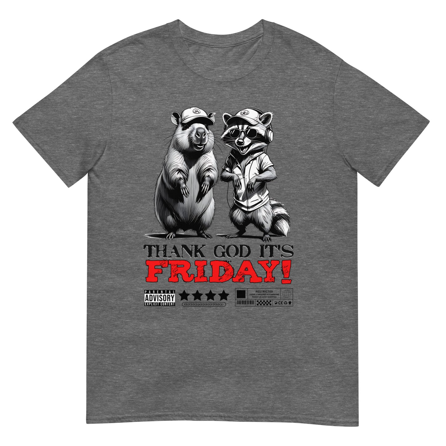 Unisex graphic t-shirt with “Thank God It’s Friday!” cartoon character design, soft cotton short sleeve tee by LostLogicCo Canada