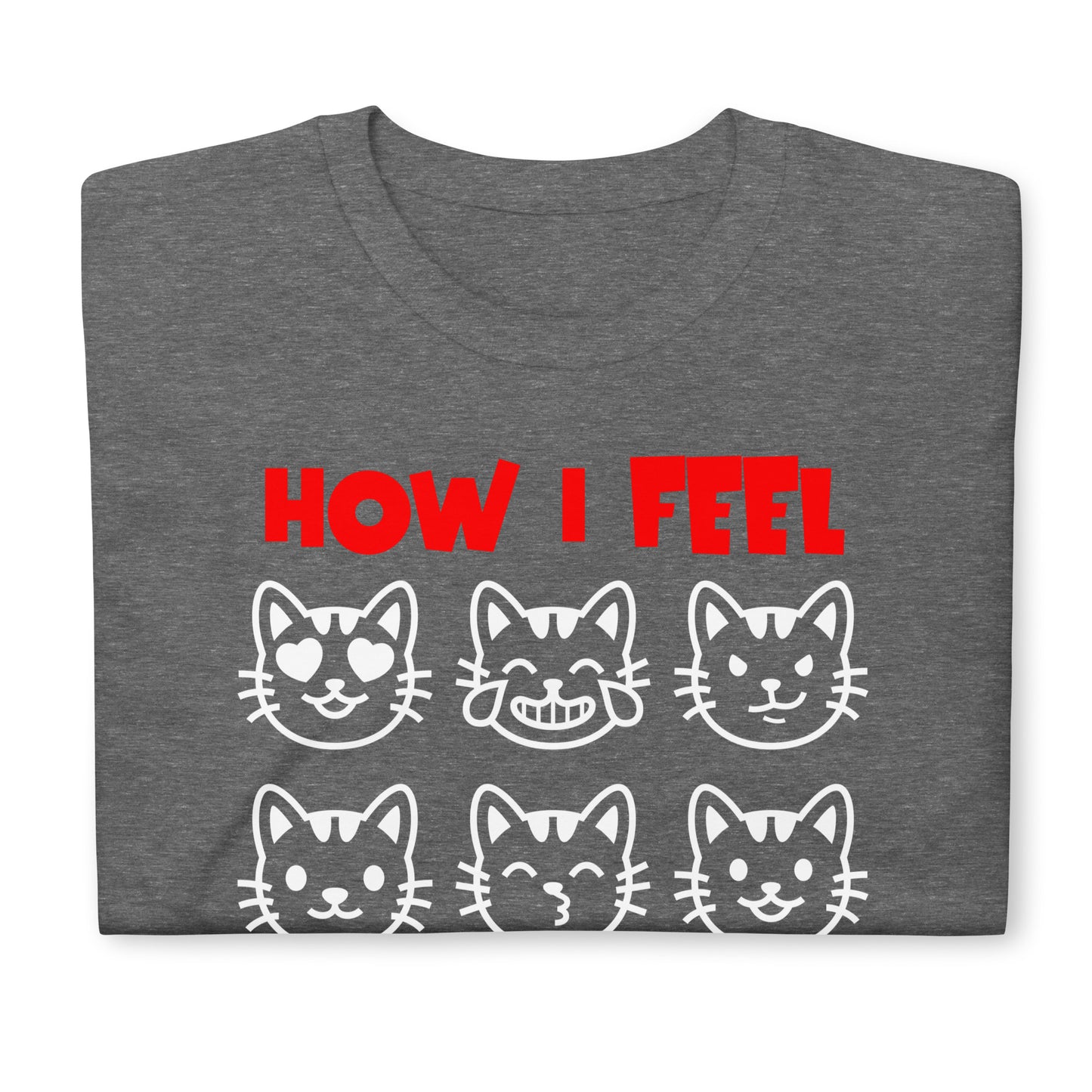 Unisex t-shirt with nine expressive cat faces and “How I Feel Right Now” text, funny mood graphic tee by LostLogicCo Canada