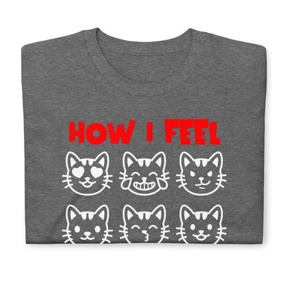 Unisex t-shirt with nine expressive cat faces and “How I Feel Right Now” text, funny mood graphic tee by LostLogicCo Canada
