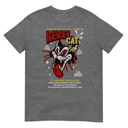 Unisex t-shirt with bold cartoon cat design and “Rebel Cat” text, edgy streetwear graphic tee by LostLogicCo Canada