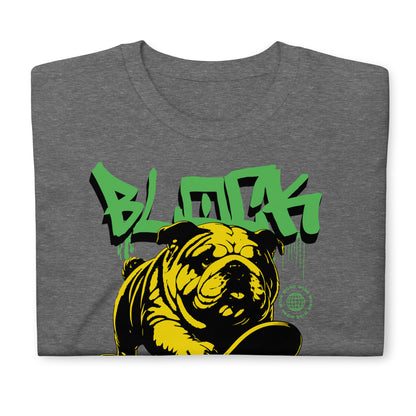 Unisex streetwear t-shirt with bold “BLOCK SKATER” graffiti design featuring bulldog on skateboard, cotton short sleeve tee by LostLogicCo Canada