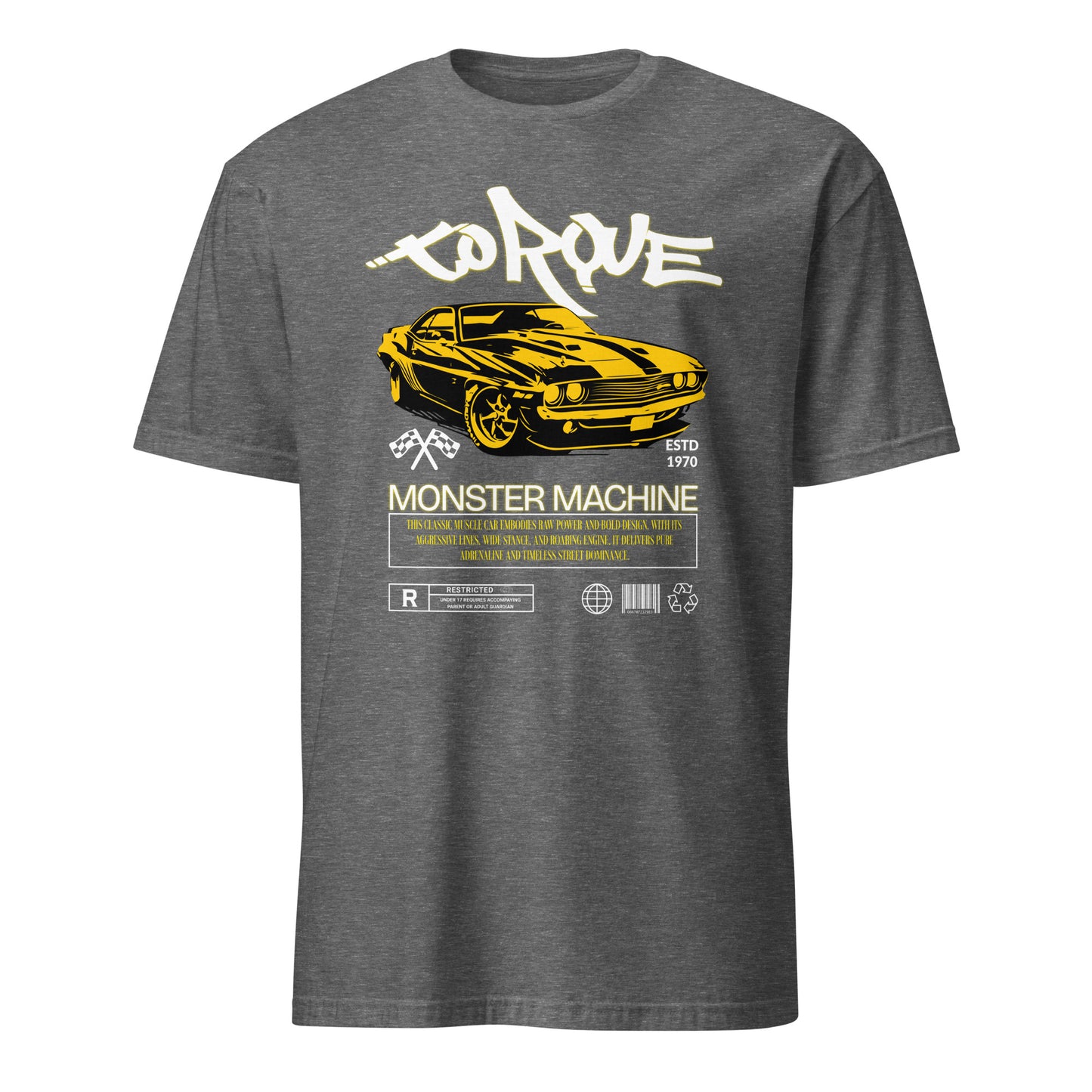 Unisex t-shirt with “Torque Monster Machine” yellow muscle car design and vintage typography, cotton short sleeve tee by LostLogicCo Canada