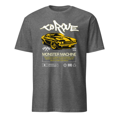Unisex t-shirt with “Torque Monster Machine” yellow muscle car design and vintage typography, cotton short sleeve tee by LostLogicCo Canada
