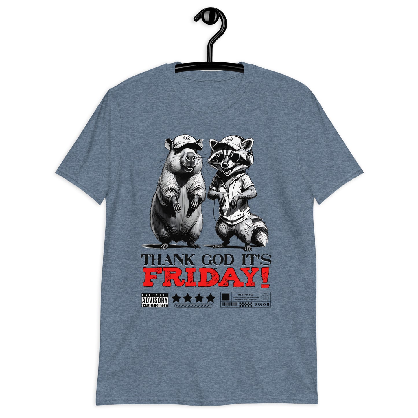 Unisex graphic t-shirt with “Thank God It’s Friday!” cartoon character design, soft cotton short sleeve tee by LostLogicCo Canada