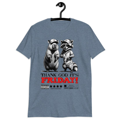 Unisex graphic t-shirt with “Thank God It’s Friday!” cartoon character design, soft cotton short sleeve tee by LostLogicCo Canada