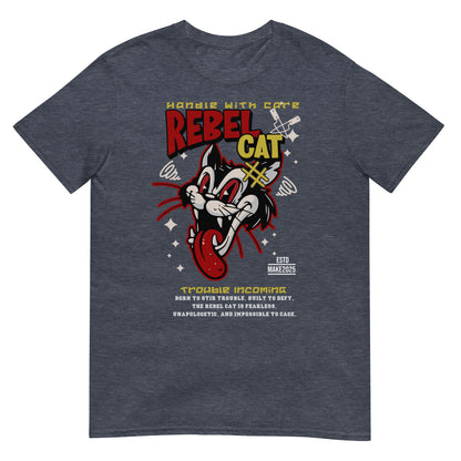 Unisex t-shirt with bold cartoon cat design and “Rebel Cat” text, edgy streetwear graphic tee by LostLogicCo Canada