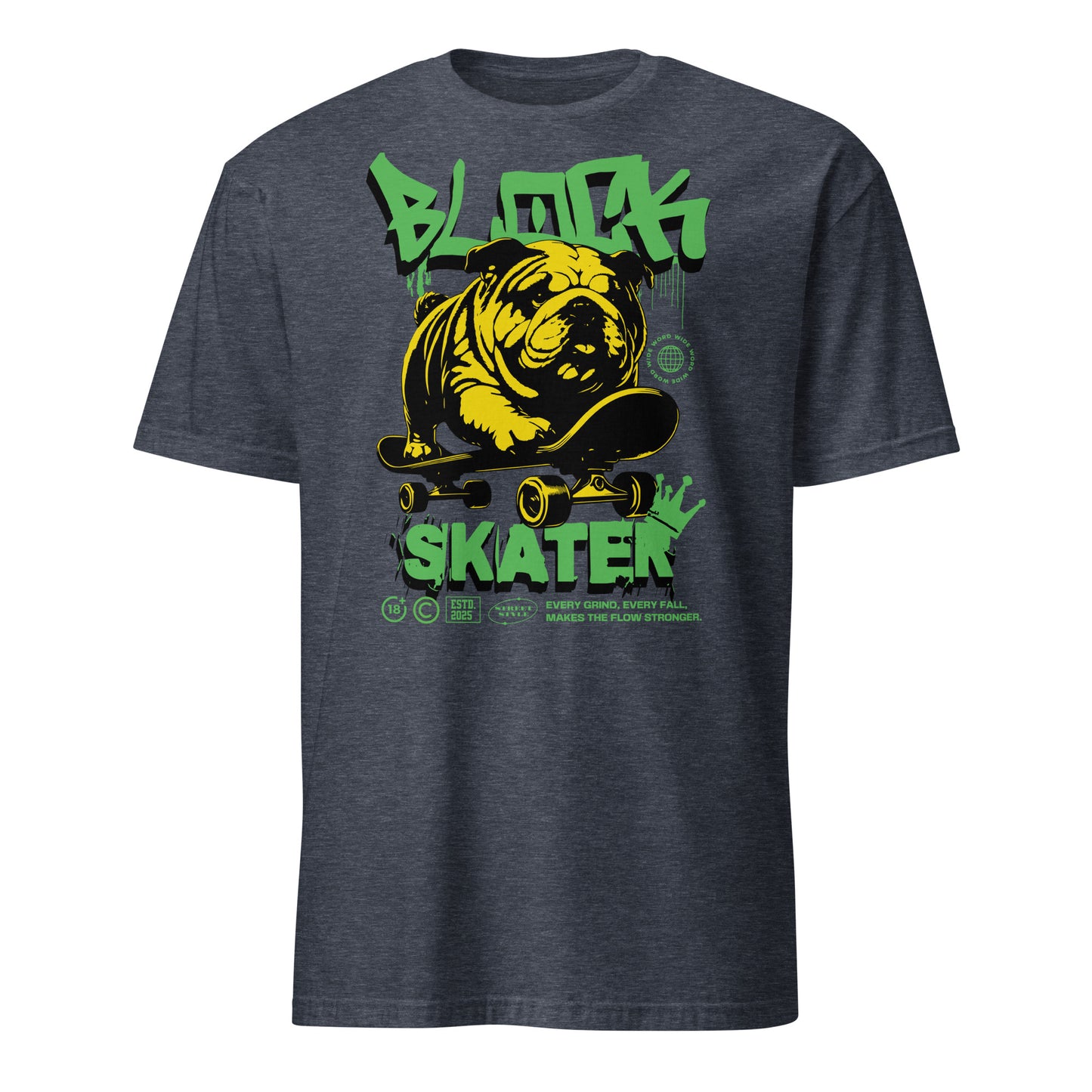 Unisex streetwear t-shirt with bold “BLOCK SKATER” graffiti design featuring bulldog on skateboard, cotton short sleeve tee by LostLogicCo Canada