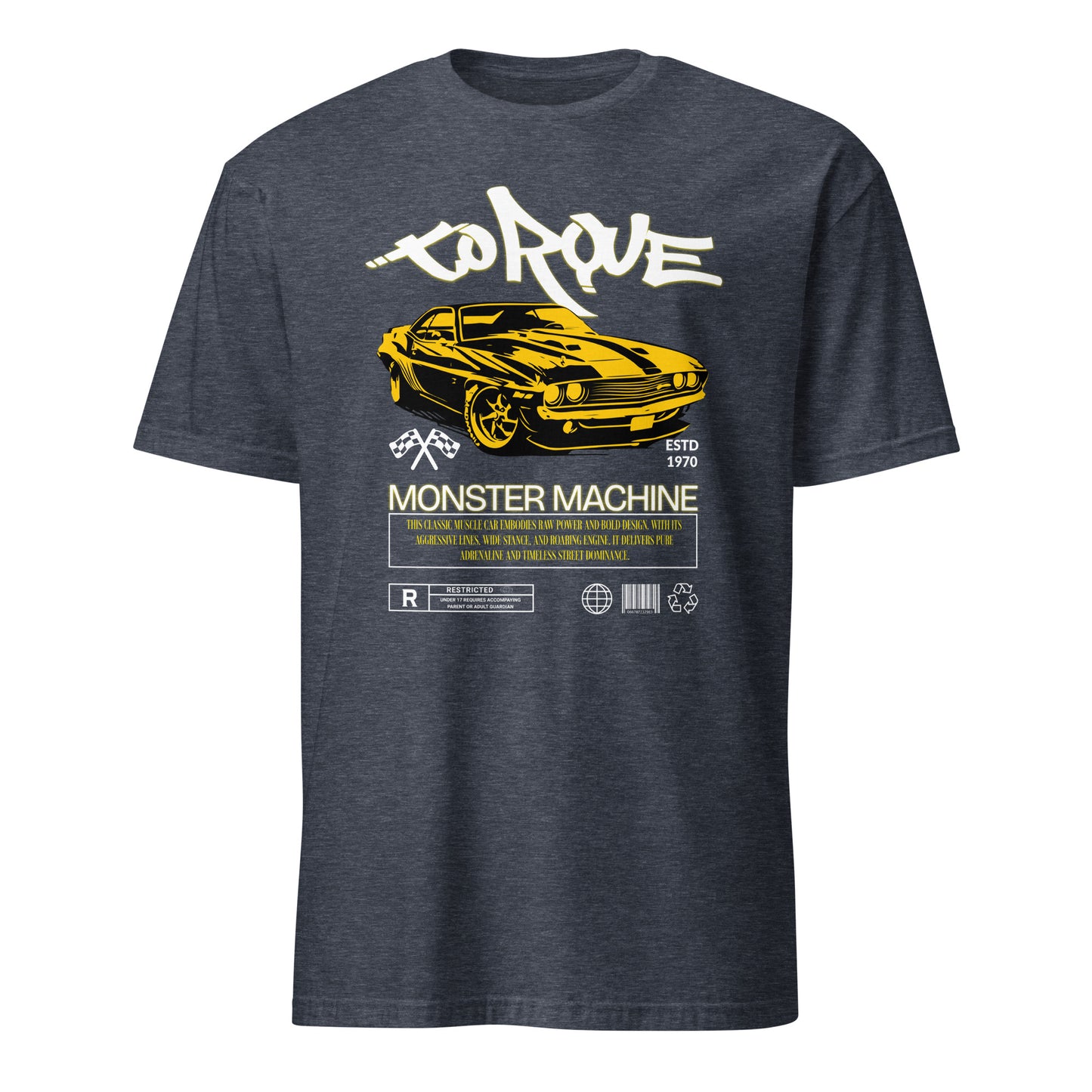 Unisex t-shirt with “Torque Monster Machine” yellow muscle car design and vintage typography, cotton short sleeve tee by LostLogicCo Canada