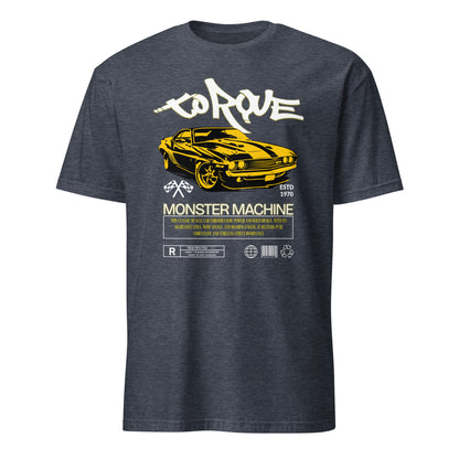 Unisex t-shirt with “Torque Monster Machine” yellow muscle car design and vintage typography, cotton short sleeve tee by LostLogicCo Canada