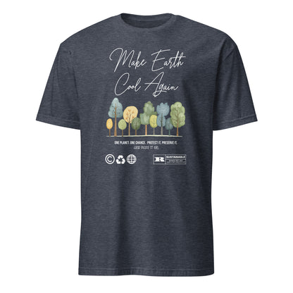 Unisex t-shirt with “Make Earth Cool Again” typography and pastel tree illustration, eco-awareness cotton tee by LostLogicCo Canada