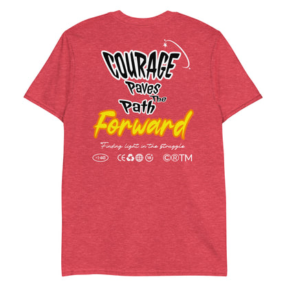 Unisex t-shirt with back print design “Courage Paves the Path Forward” in white and yellow text, motivational cotton tee by LostLogicCo Canada