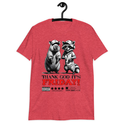 Unisex graphic t-shirt with “Thank God It’s Friday!” cartoon character design, soft cotton short sleeve tee by LostLogicCo Canada