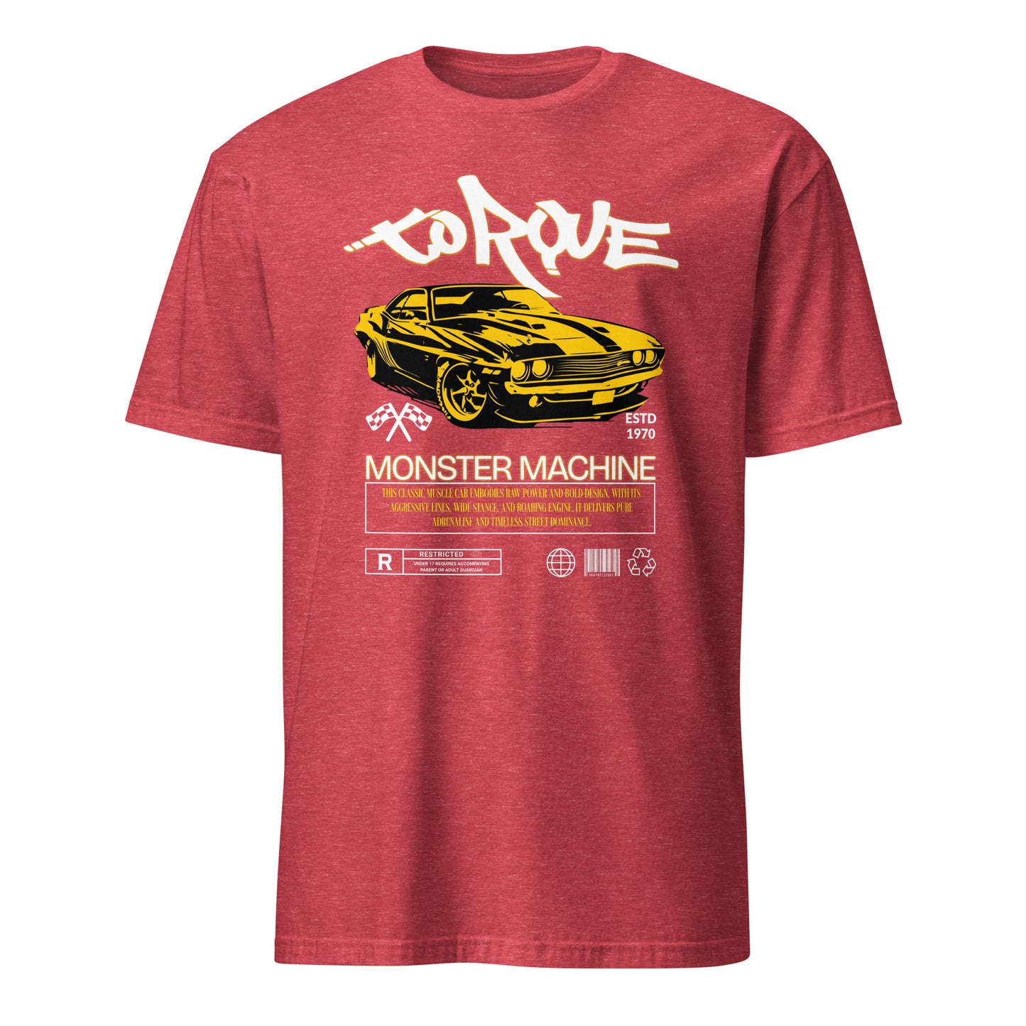 Unisex t-shirt with “Torque Monster Machine” yellow muscle car design and vintage typography, cotton short sleeve tee by LostLogicCo Canada