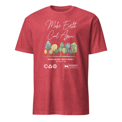 Unisex t-shirt with “Make Earth Cool Again” typography and pastel tree illustration, eco-awareness cotton tee by LostLogicCo Canada