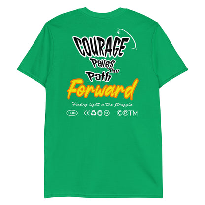 Unisex t-shirt with back print design “Courage Paves the Path Forward” in white and yellow text, motivational cotton tee by LostLogicCo Canada