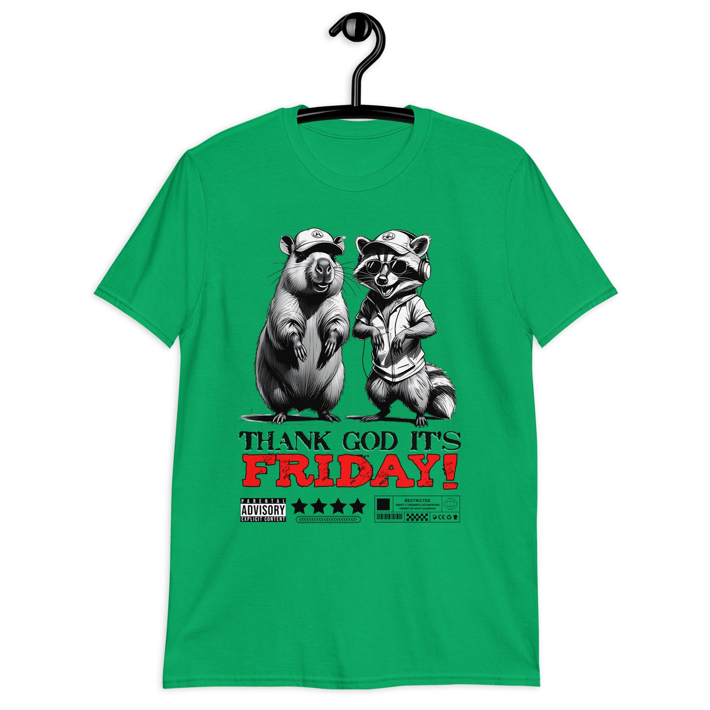 Unisex graphic t-shirt with “Thank God It’s Friday!” cartoon character design, soft cotton short sleeve tee by LostLogicCo Canada