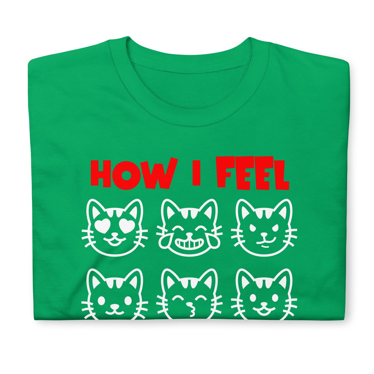 Unisex t-shirt with nine expressive cat faces and “How I Feel Right Now” text, funny mood graphic tee by LostLogicCo Canada