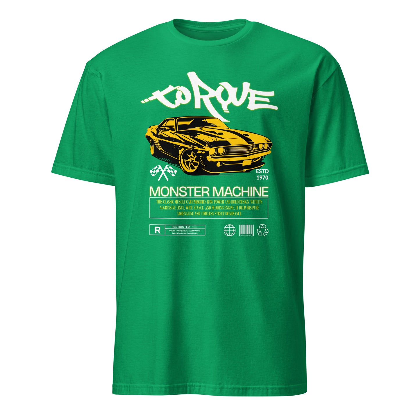Unisex t-shirt with “Torque Monster Machine” yellow muscle car design and vintage typography, cotton short sleeve tee by LostLogicCo Canada