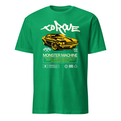 Unisex t-shirt with “Torque Monster Machine” yellow muscle car design and vintage typography, cotton short sleeve tee by LostLogicCo Canada