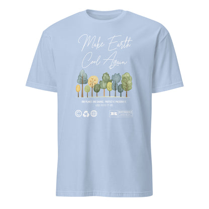 Unisex t-shirt with “Make Earth Cool Again” typography and pastel tree illustration, eco-awareness cotton tee by LostLogicCo Canada