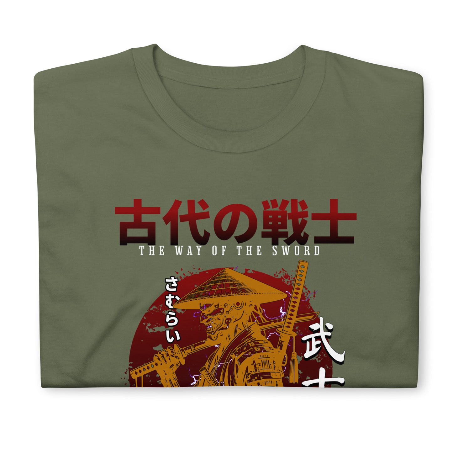 Unisex graphic t-shirt with “Mythic Fighter Samurai” Japanese warrior design, cotton short sleeve tee by LostLogicCo Canada