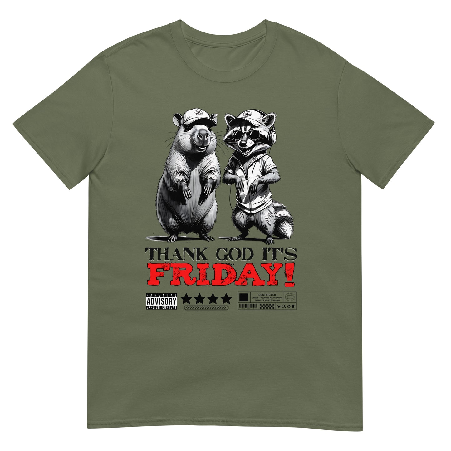 Unisex graphic t-shirt with “Thank God It’s Friday!” cartoon character design, soft cotton short sleeve tee by LostLogicCo Canada