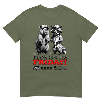 Unisex graphic t-shirt with “Thank God It’s Friday!” cartoon character design, soft cotton short sleeve tee by LostLogicCo Canada