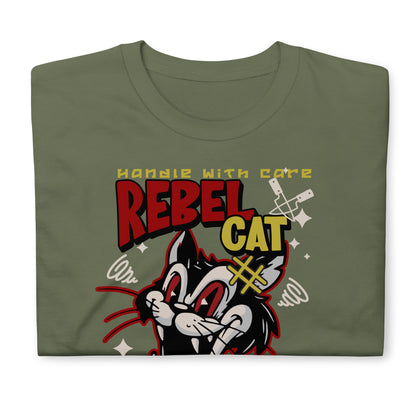 Unisex t-shirt with bold cartoon cat design and “Rebel Cat” text, edgy streetwear graphic tee by LostLogicCo Canada