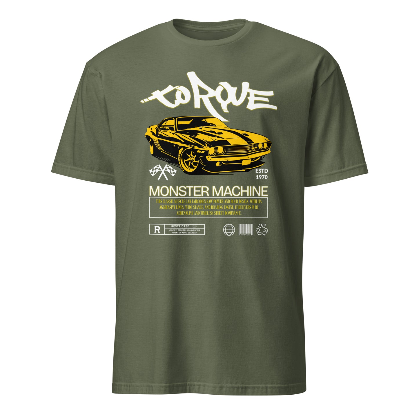Unisex t-shirt with “Torque Monster Machine” yellow muscle car design and vintage typography, cotton short sleeve tee by LostLogicCo Canada
